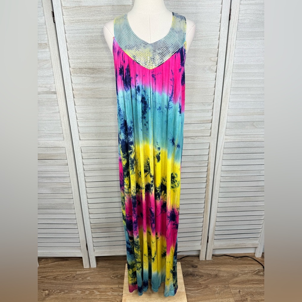 THE PYRAMID COLLECTION Tie Dye & Sequins Boho Maxi Sundress-Large